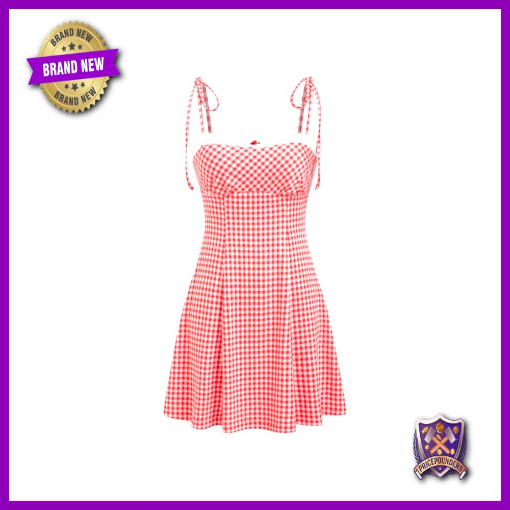 Summer Gingham Dress Plaid Tie Spaghetti Strap Sleeveless Lace Trim A Line Mini